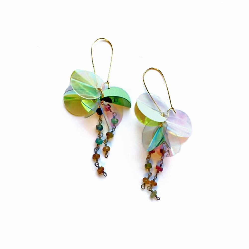 Tourmaline Tendril Gem and Sequin Dangle Earrings